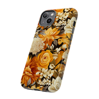 Autumnal Romance: Golden and White Blossoms on Black - Tough Phone Case