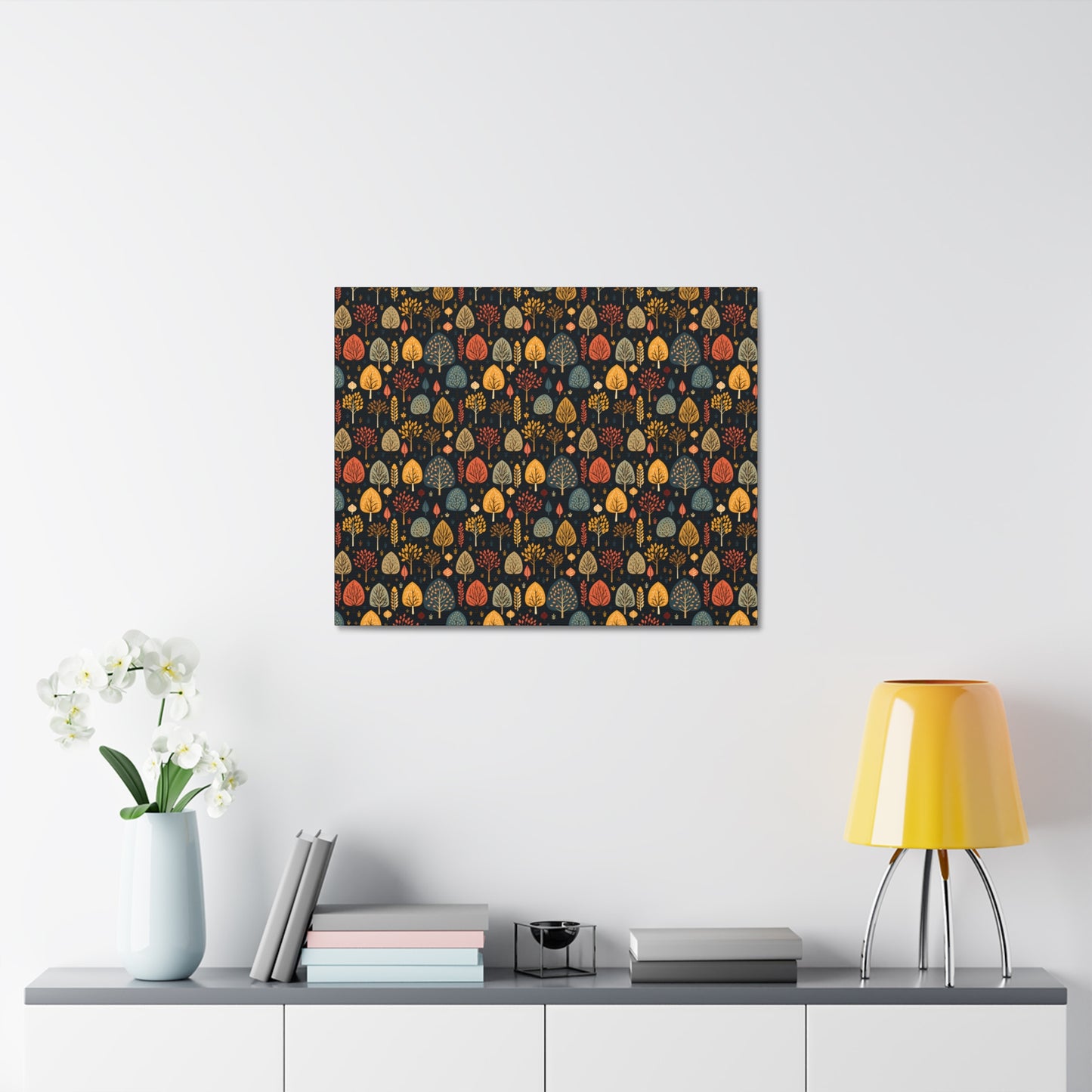 Mid-Century Mosaic: Dappled Leaves and Folk Imagery - Satin Canvas, Stretched