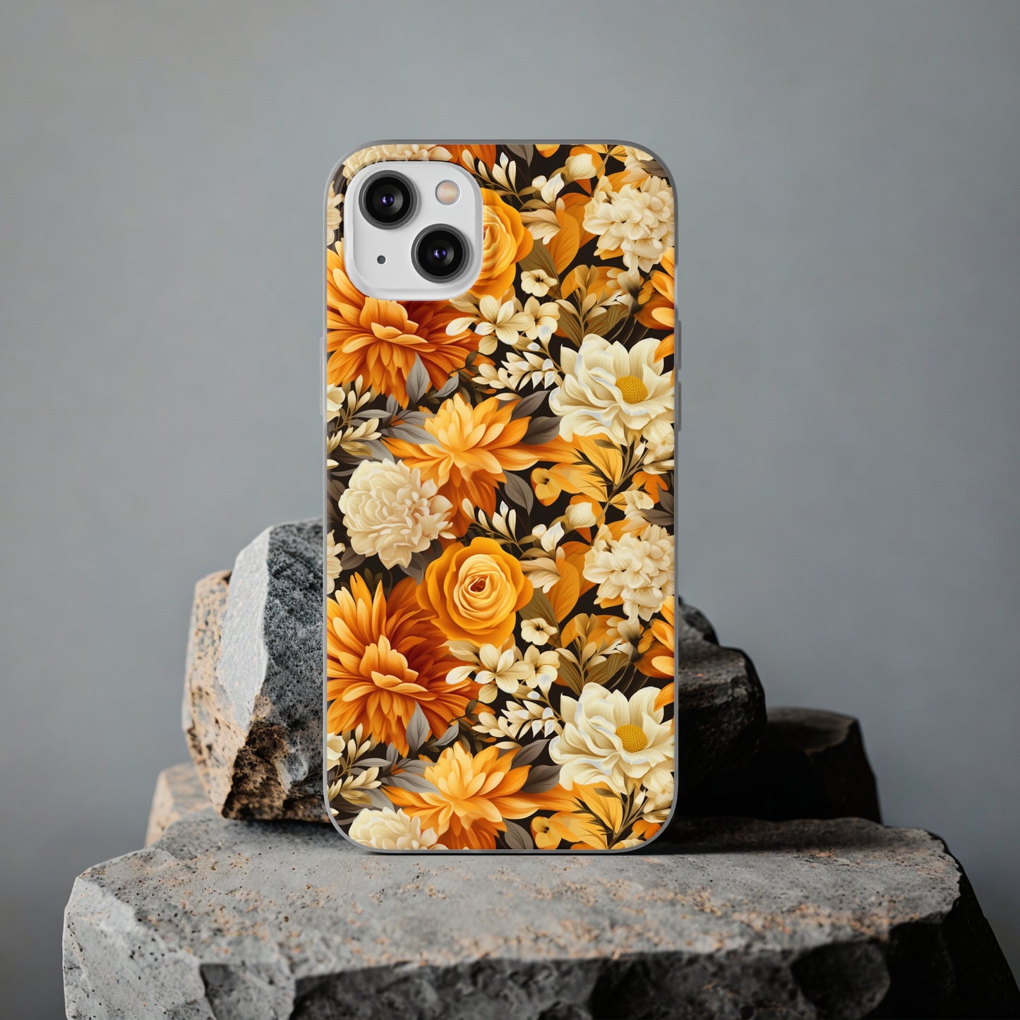 Autumnal Romance: Golden and White Blossoms on Black - Flexible Phone Case