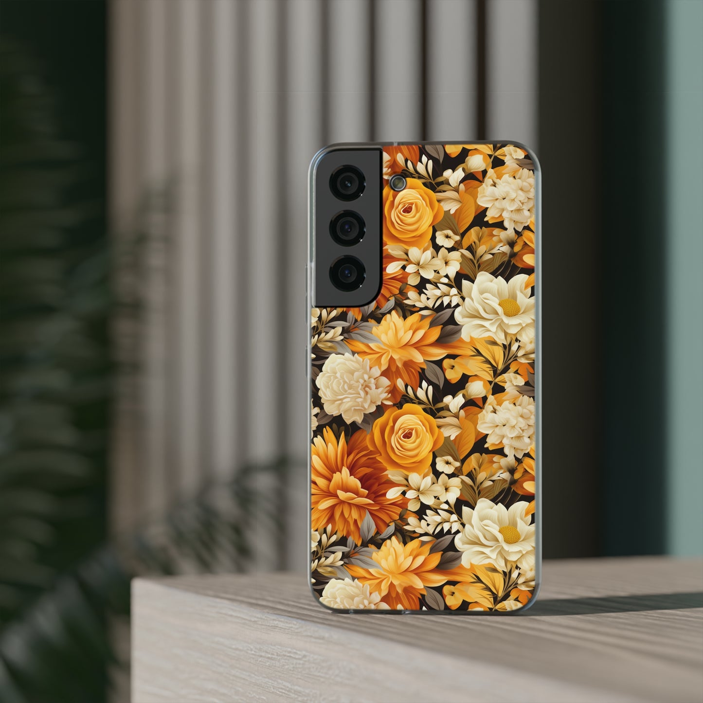 Autumnal Romance: Golden and White Blossoms on Black - Flexible Phone Case