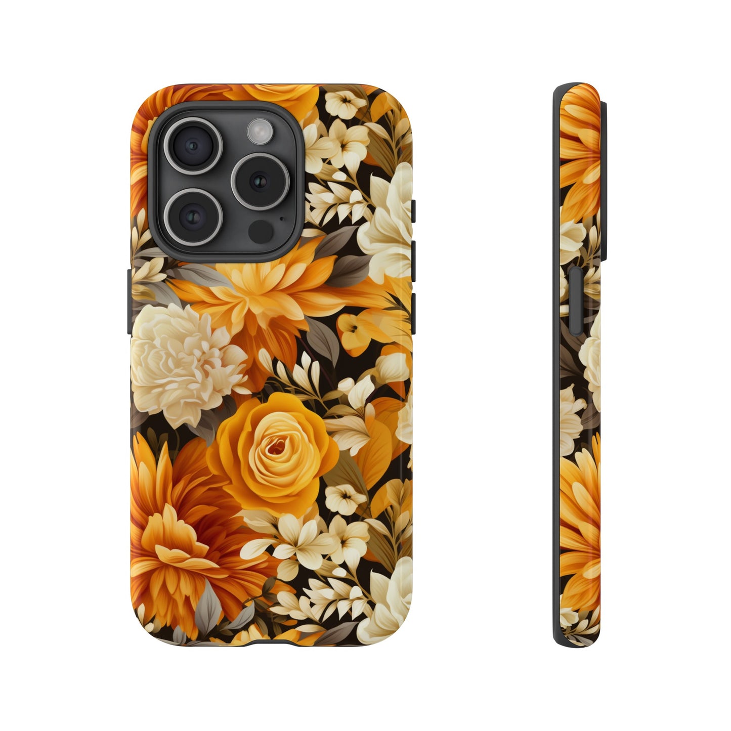 Autumnal Romance: Golden and White Blossoms on Black - Tough Phone Case