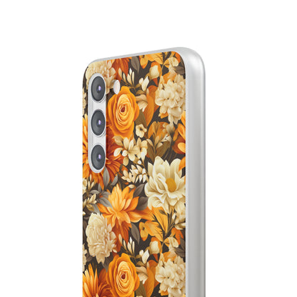 Autumnal Romance: Golden and White Blossoms on Black - Flexible Phone Case