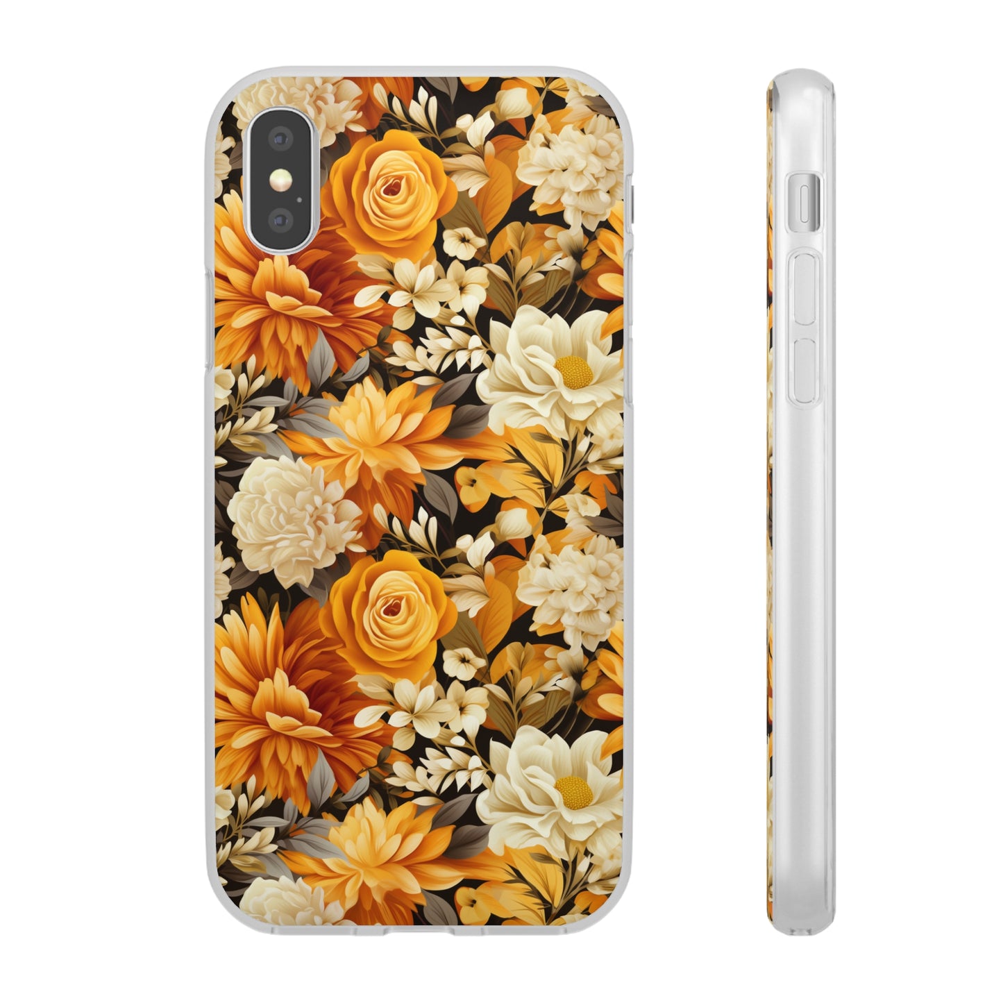 Autumnal Romance: Golden and White Blossoms on Black - Flexible Phone Case