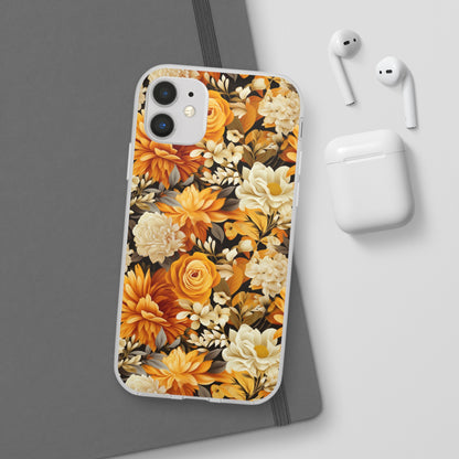 Autumnal Romance: Golden and White Blossoms on Black - Flexible Phone Case