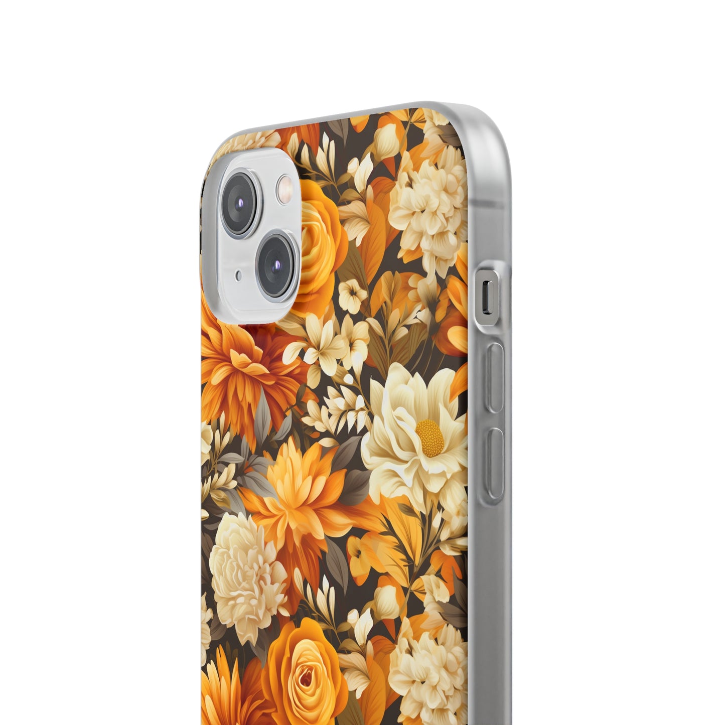 Autumnal Romance: Golden and White Blossoms on Black - Flexible Phone Case