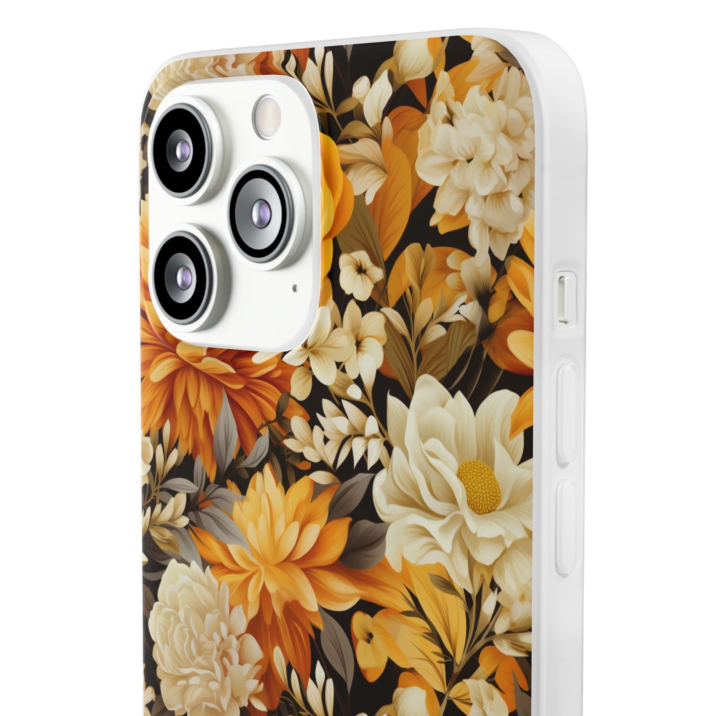 Autumnal Romance: Golden and White Blossoms on Black - Flexible Phone Case