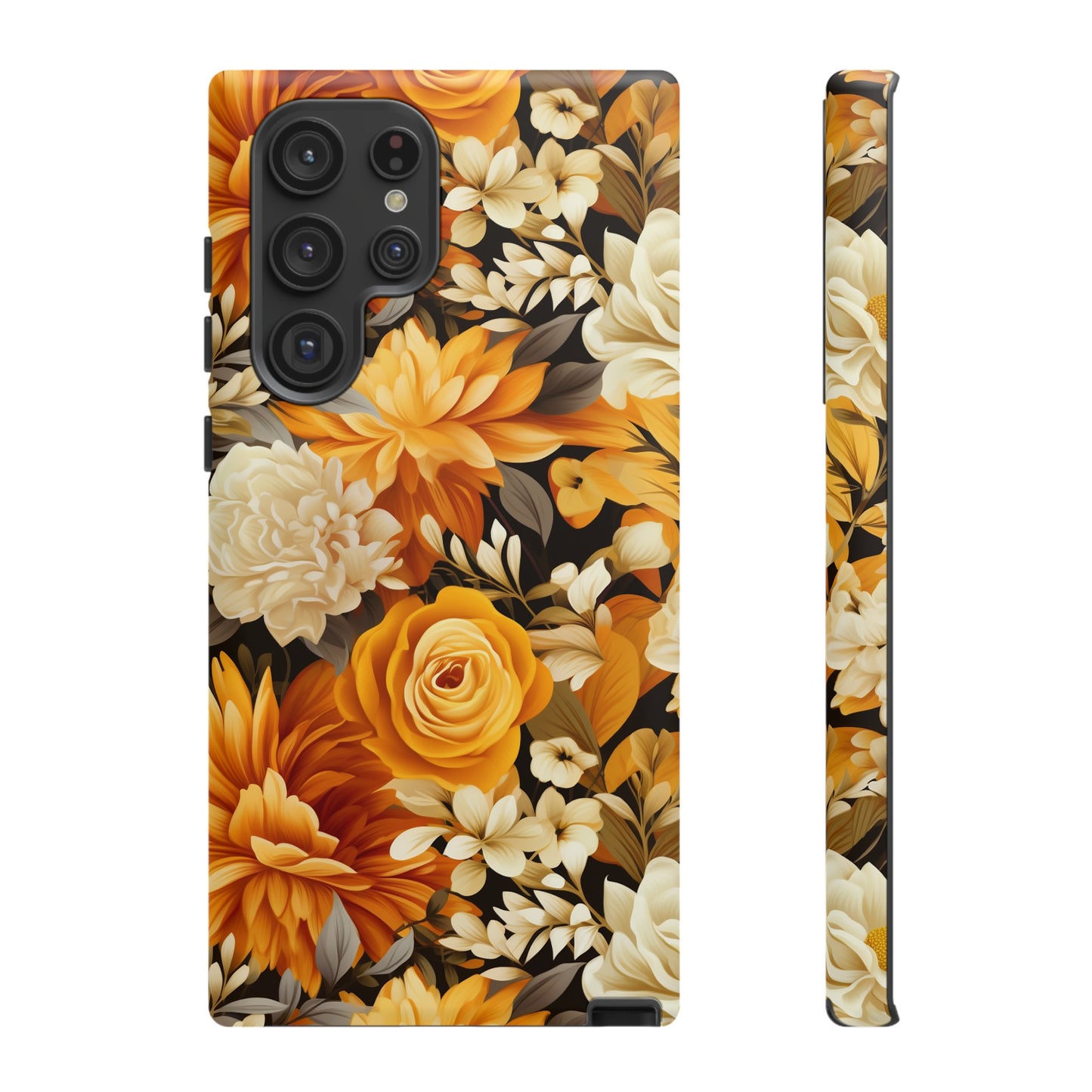 Autumnal Romance: Golden and White Blossoms on Black - Tough Phone Case