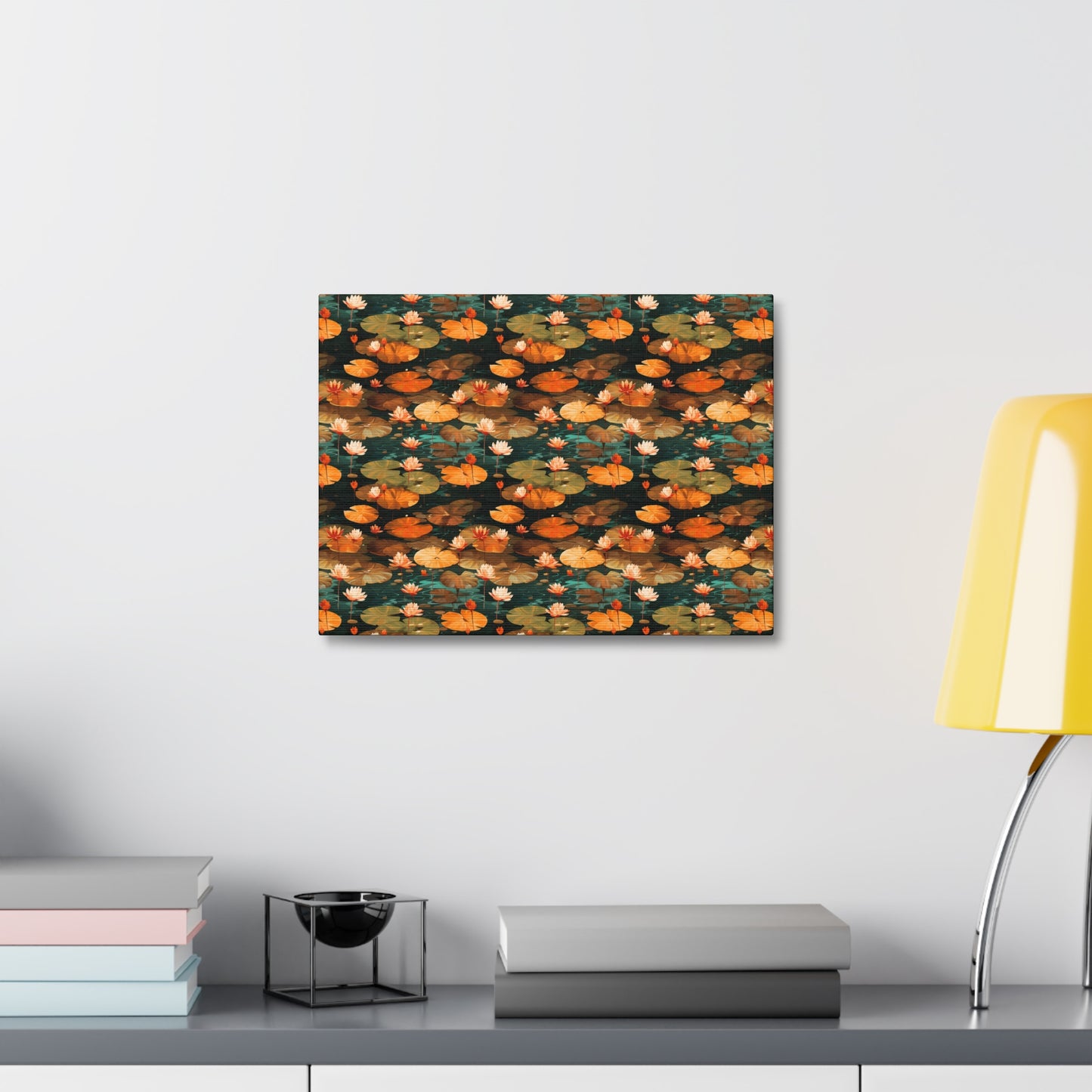 Orange Lotus Whisper: Autumn on the Water - Satin Canvas, Stretched