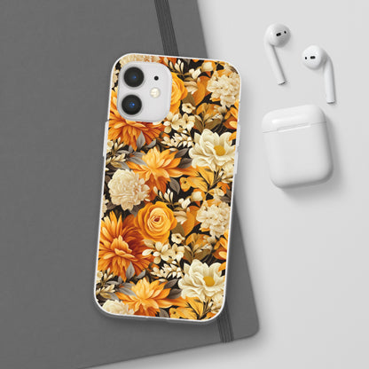 Autumnal Romance: Golden and White Blossoms on Black - Flexible Phone Case