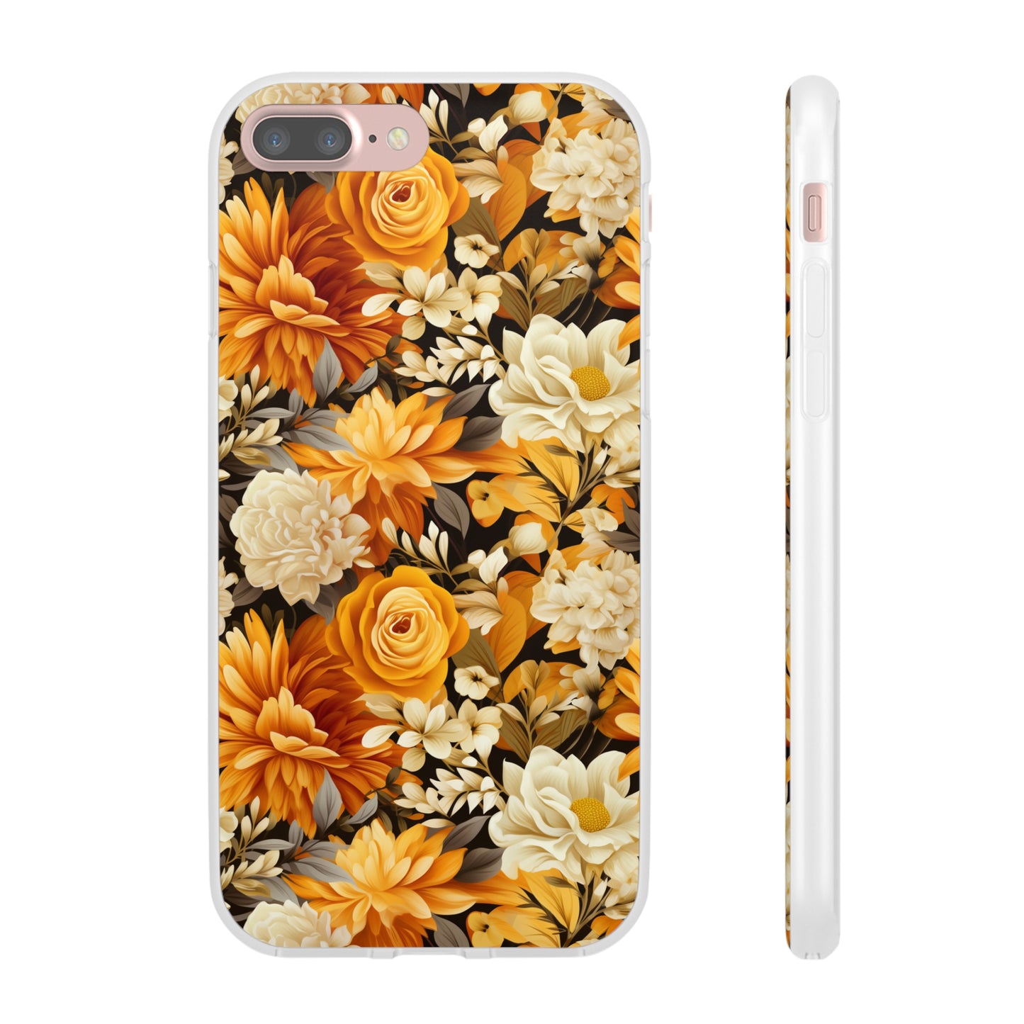 Autumnal Romance: Golden and White Blossoms on Black - Flexible Phone Case