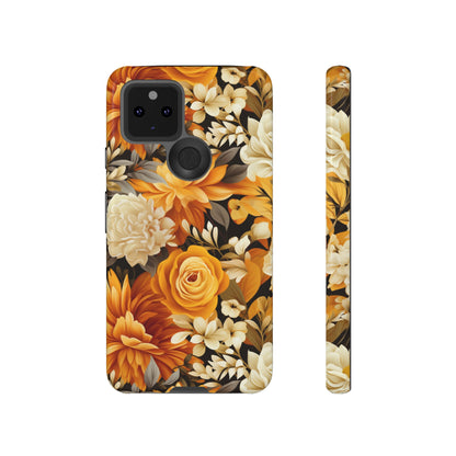 Autumnal Romance: Golden and White Blossoms on Black - Tough Phone Case