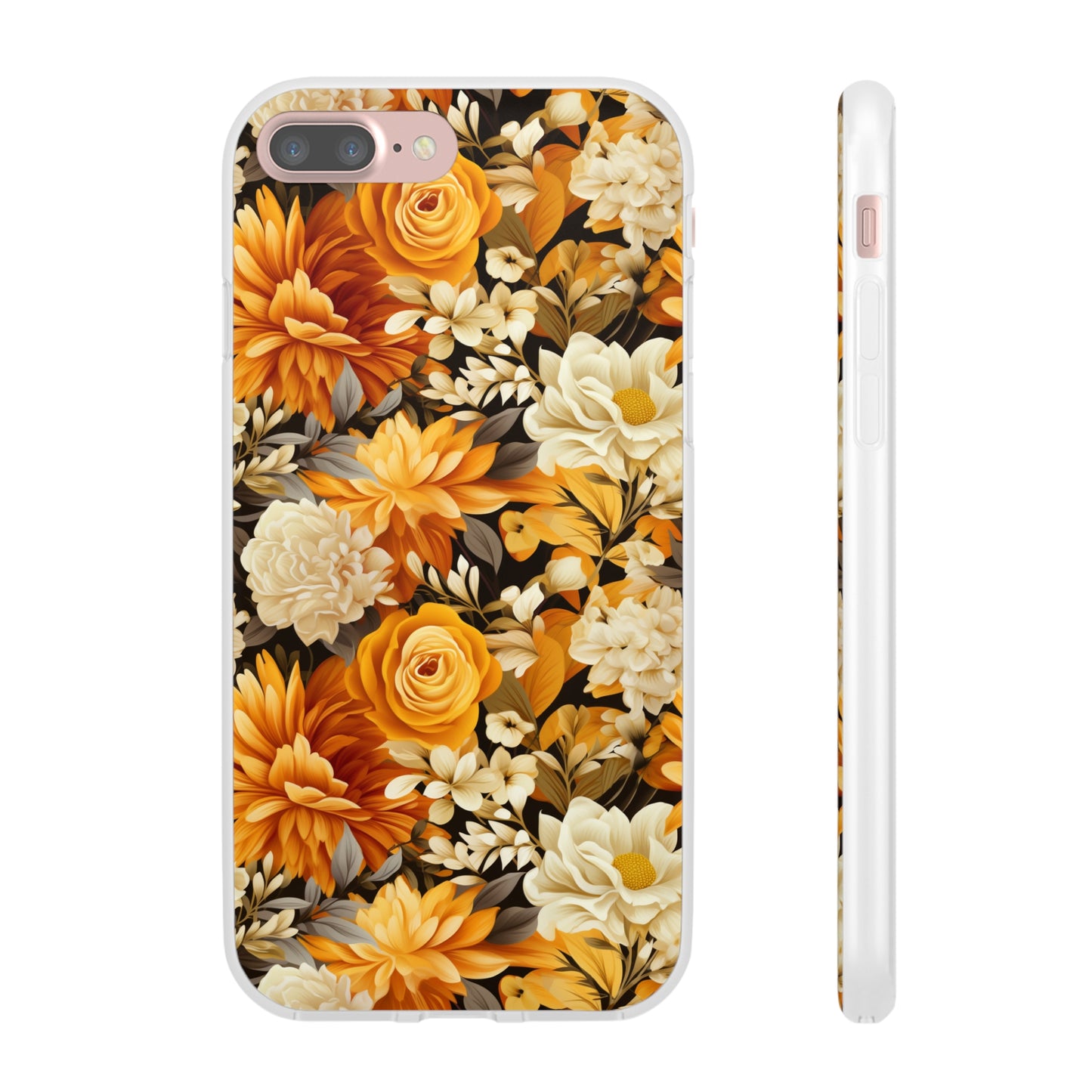 Autumnal Romance: Golden and White Blossoms on Black - Flexible Phone Case