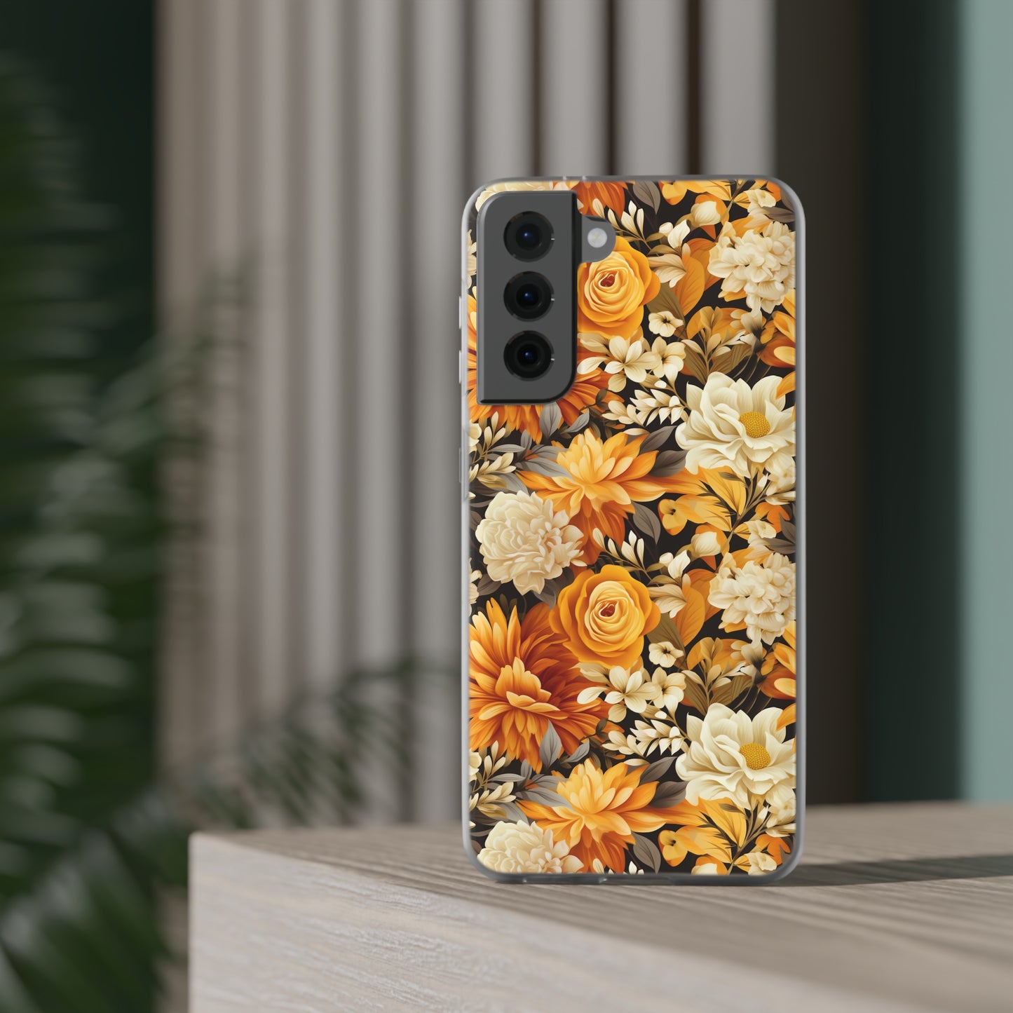 Autumnal Romance: Golden and White Blossoms on Black - Flexible Phone Case