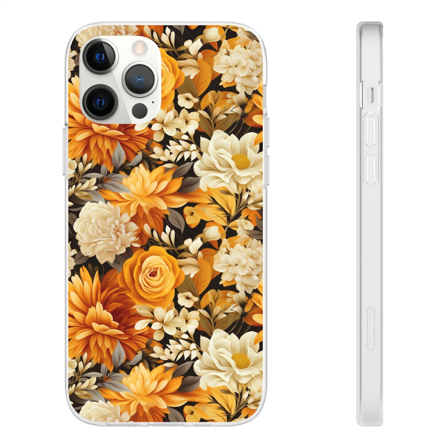 Autumnal Romance: Golden and White Blossoms on Black - Flexible Phone Case