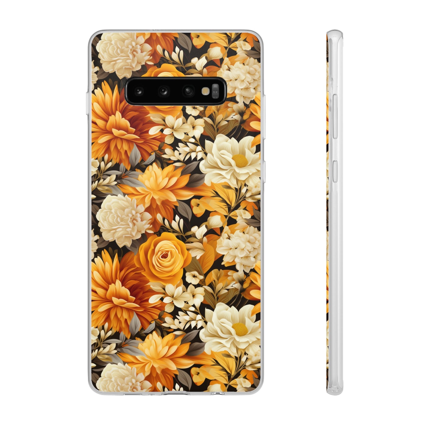 Autumnal Romance: Golden and White Blossoms on Black - Flexible Phone Case