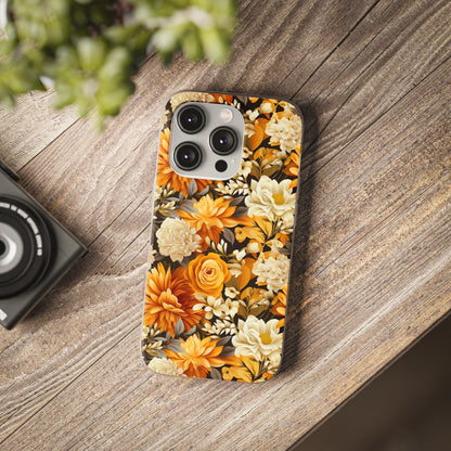 Autumnal Romance: Golden and White Blossoms on Black - Flexible Phone Case