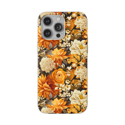 Autumnal Romance: Golden and White Blossoms on Black - Flexible Phone Case