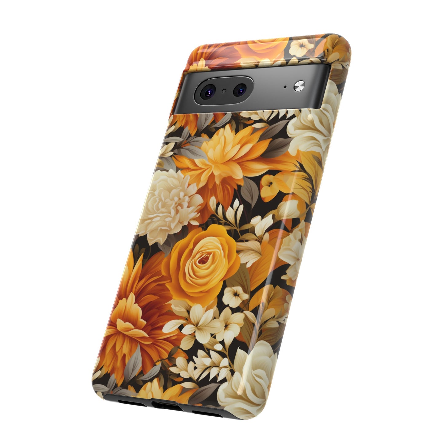 Autumnal Romance: Golden and White Blossoms on Black - Tough Phone Case