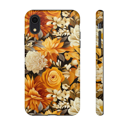 Autumnal Romance: Golden and White Blossoms on Black - Tough Phone Case