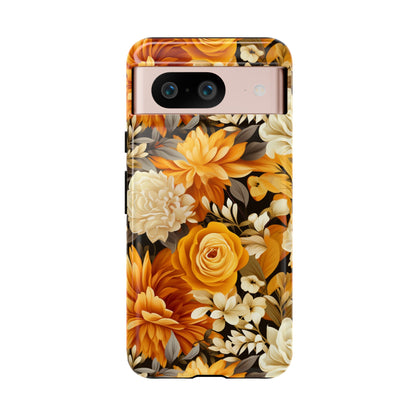 Autumnal Romance: Golden and White Blossoms on Black - Tough Phone Case