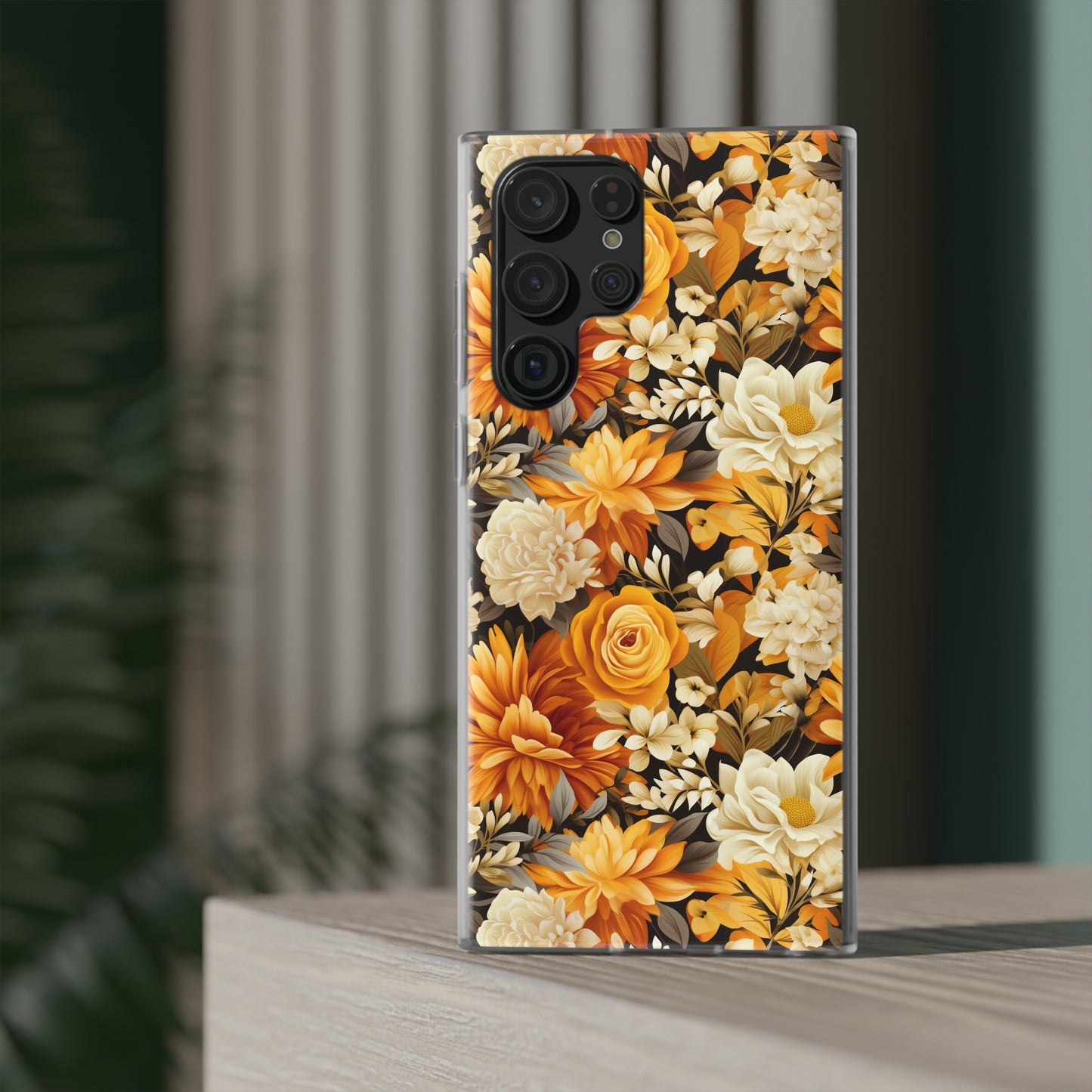 Autumnal Romance: Golden and White Blossoms on Black - Flexible Phone Case