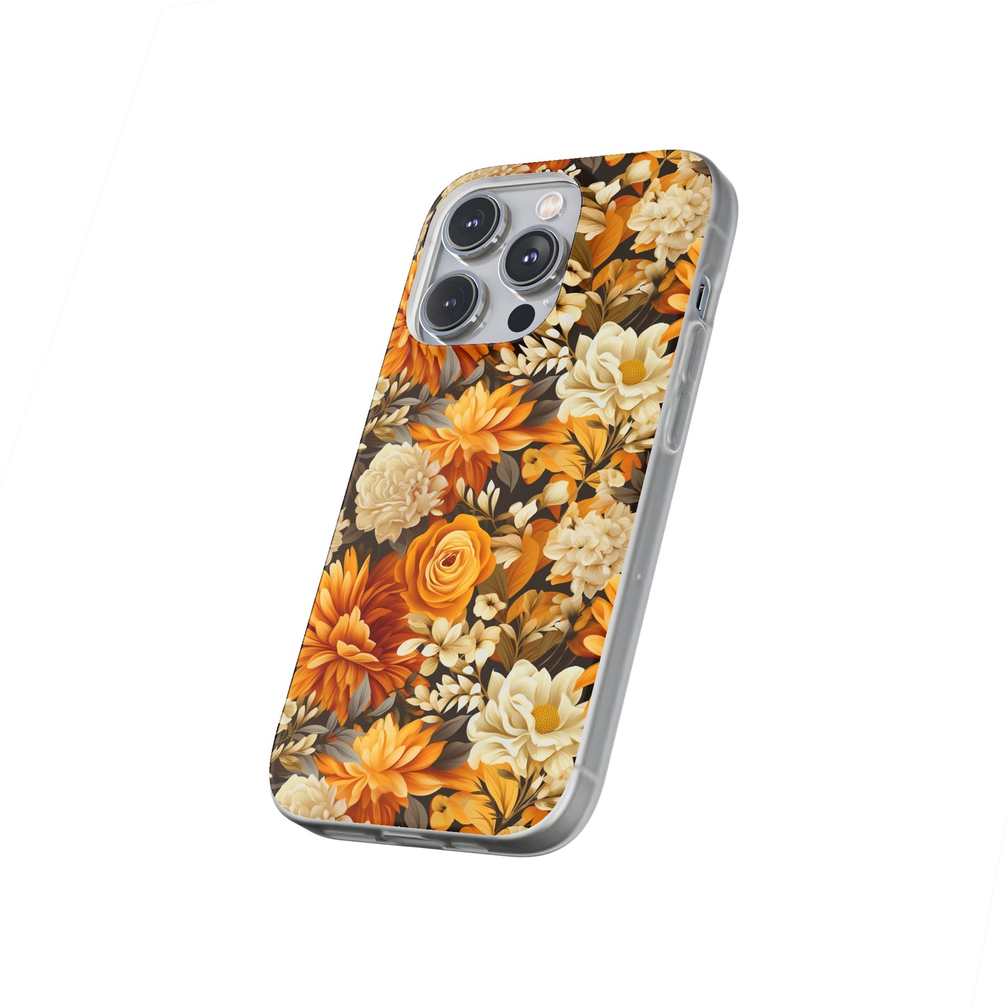 Autumnal Romance: Golden and White Blossoms on Black - Flexible Phone Case