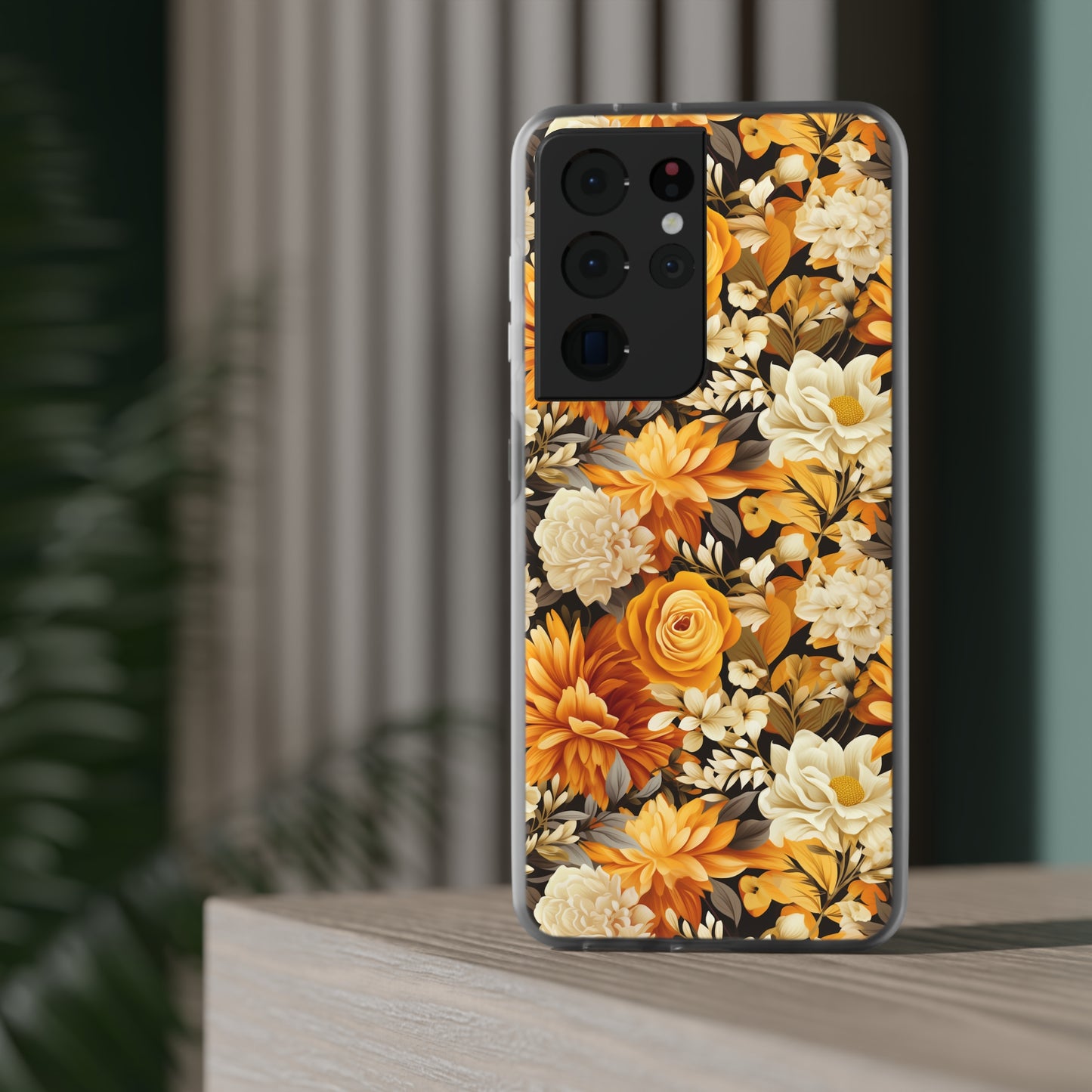 Autumnal Romance: Golden and White Blossoms on Black - Flexible Phone Case