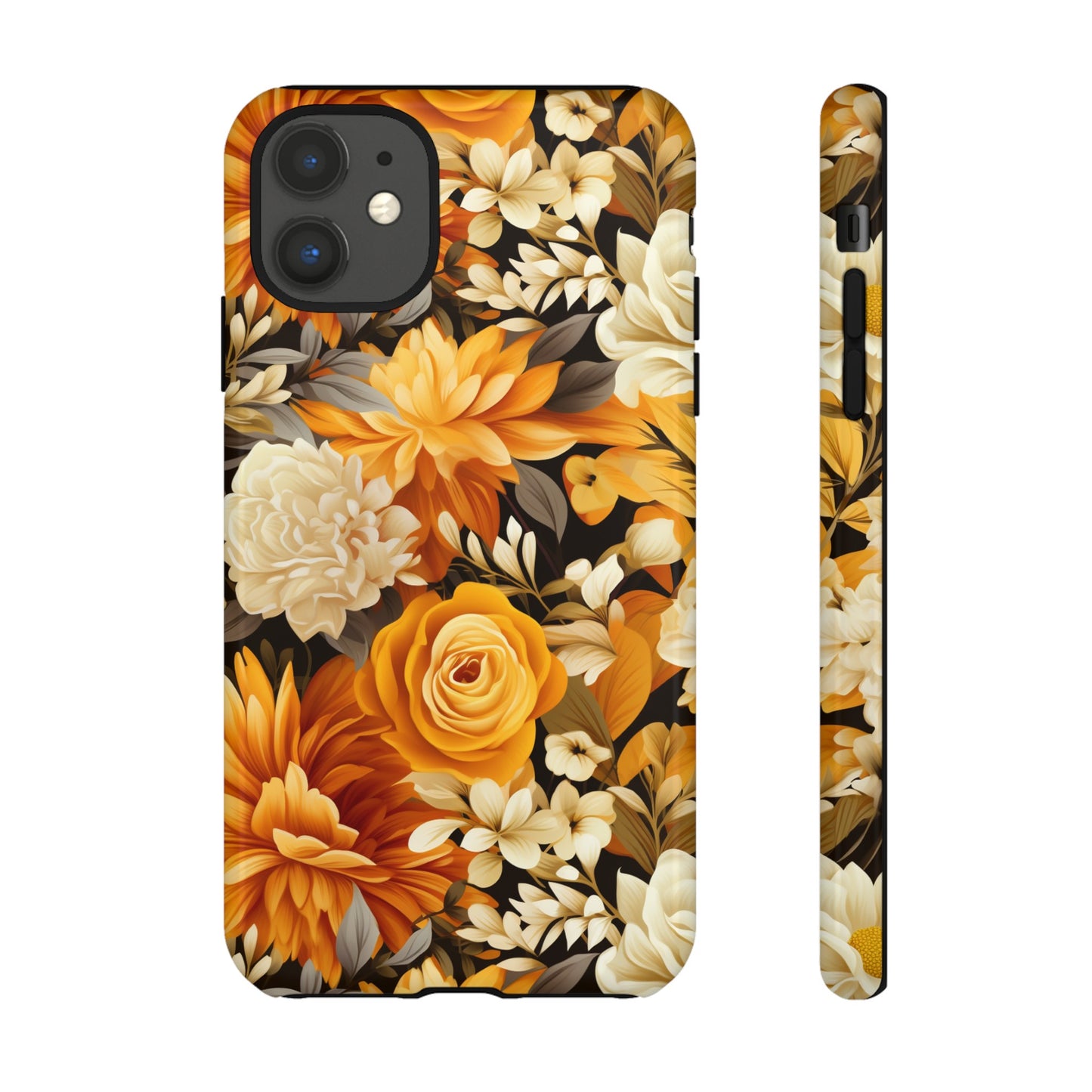 Autumnal Romance: Golden and White Blossoms on Black - Tough Phone Case