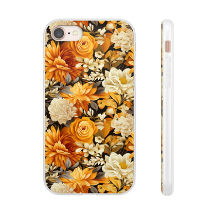 Autumnal Romance: Golden and White Blossoms on Black - Flexible Phone Case