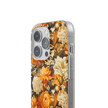 Autumnal Romance: Golden and White Blossoms on Black - Flexible Phone Case