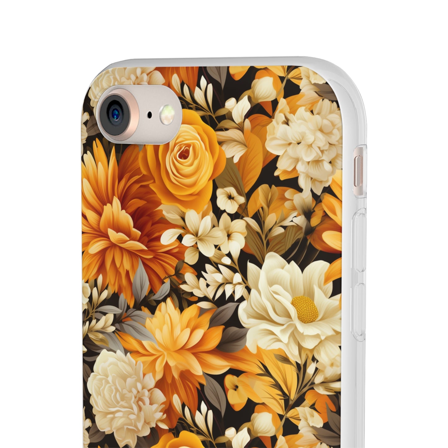 Autumnal Romance: Golden and White Blossoms on Black - Flexible Phone Case