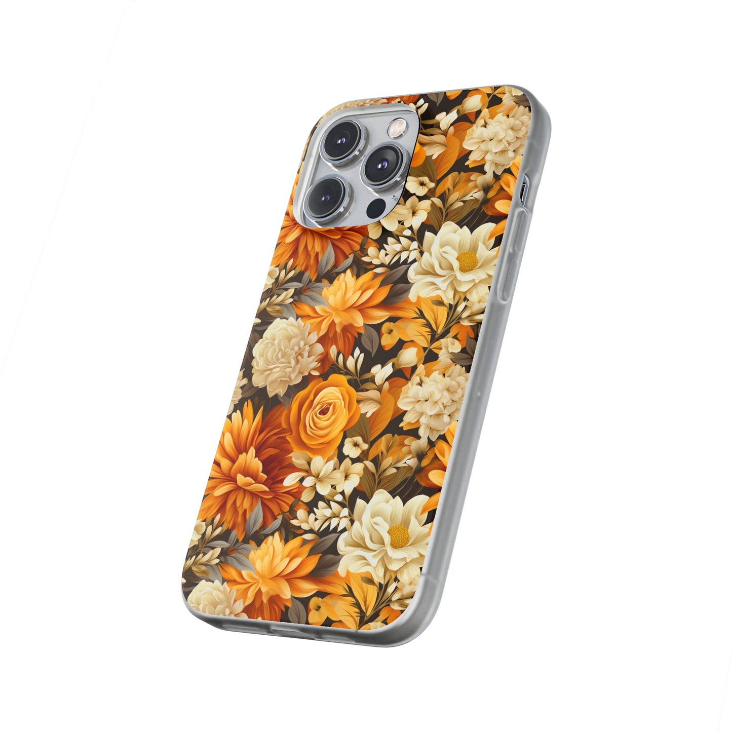 Autumnal Romance: Golden and White Blossoms on Black - Flexible Phone Case