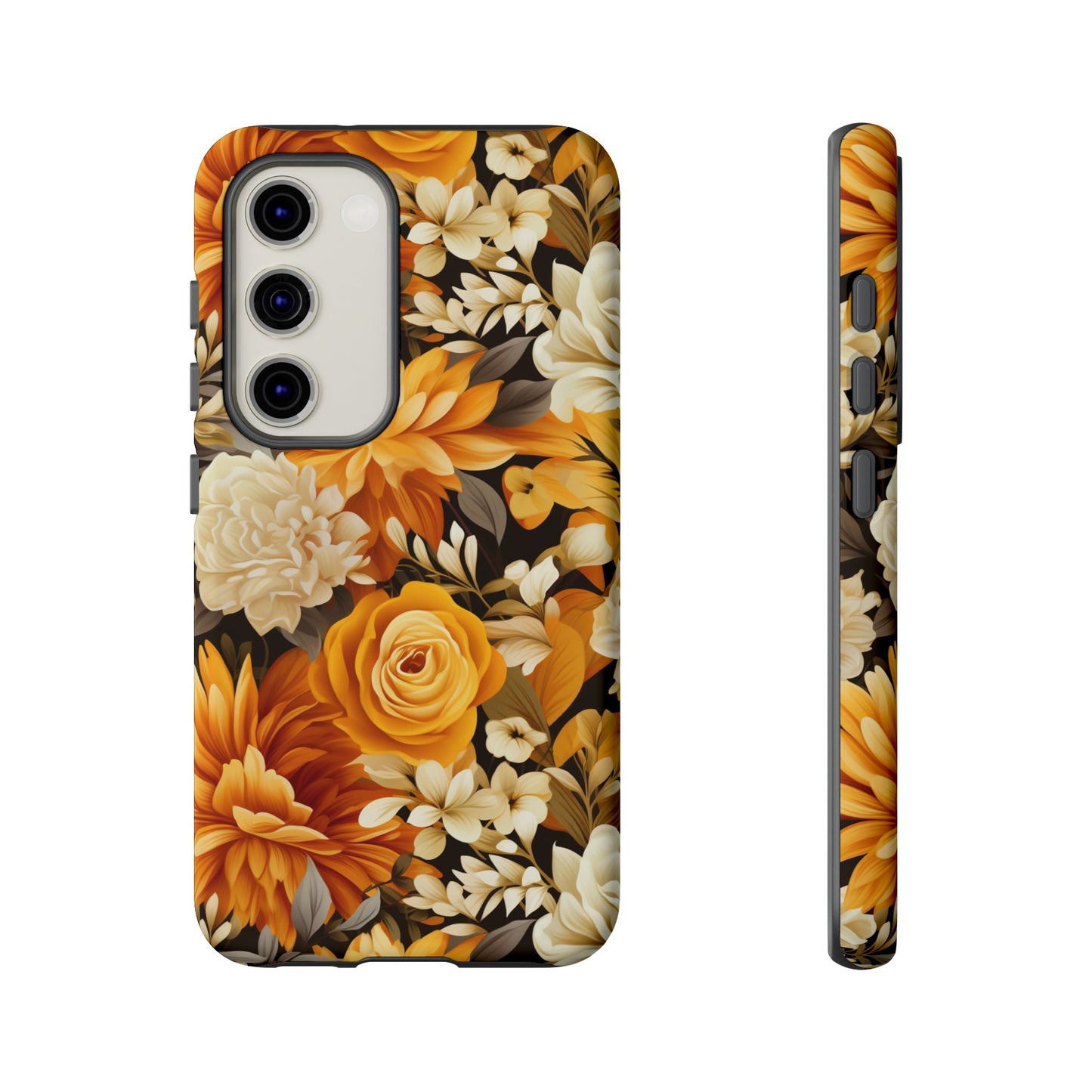 Autumnal Romance: Golden and White Blossoms on Black - Tough Phone Case