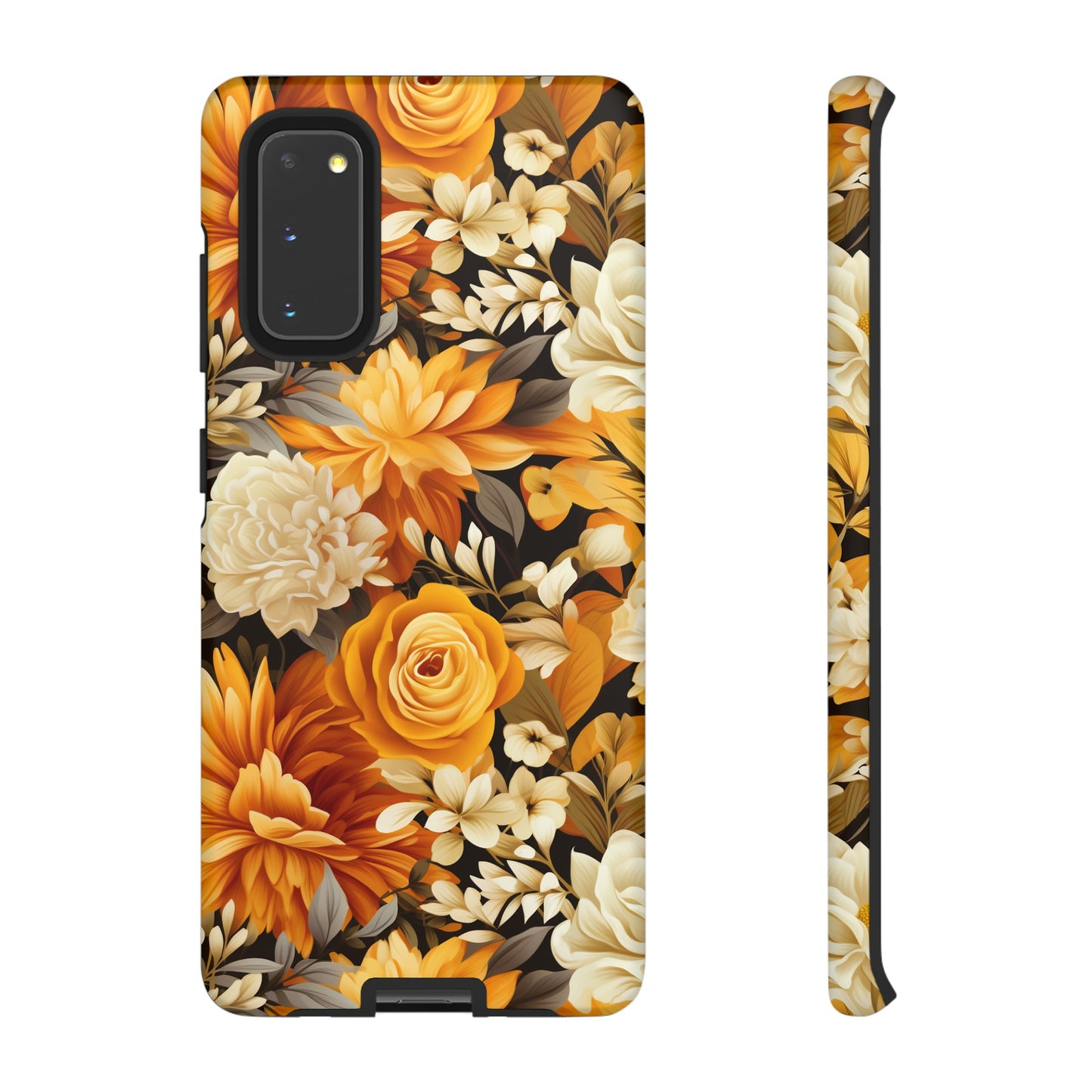 Autumnal Romance: Golden and White Blossoms on Black - Tough Phone Case