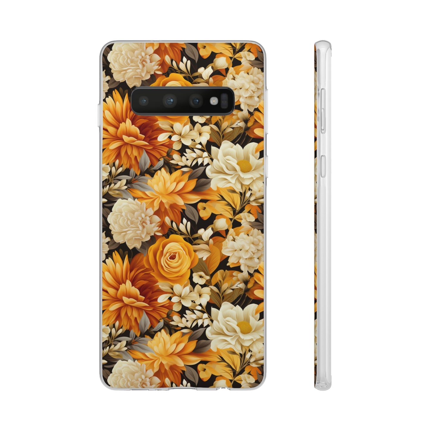 Autumnal Romance: Golden and White Blossoms on Black - Flexible Phone Case