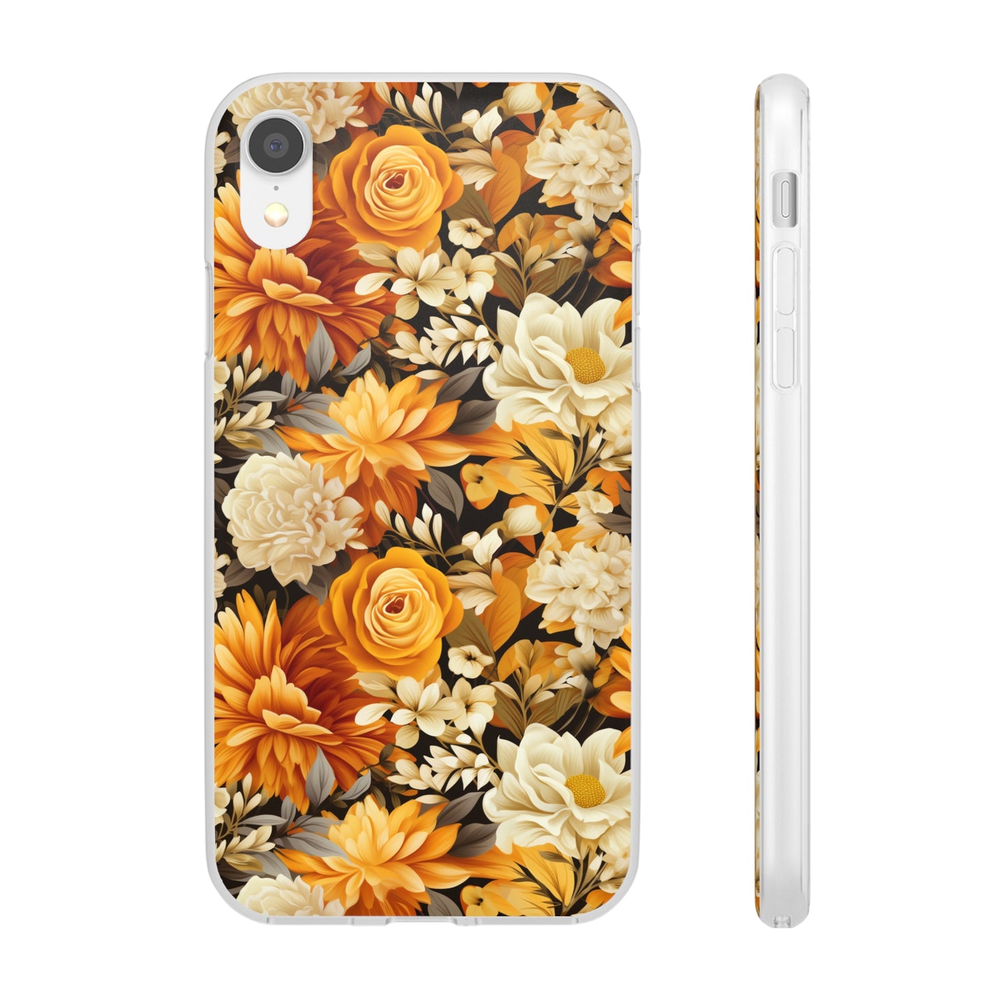 Autumnal Romance: Golden and White Blossoms on Black - Flexible Phone Case