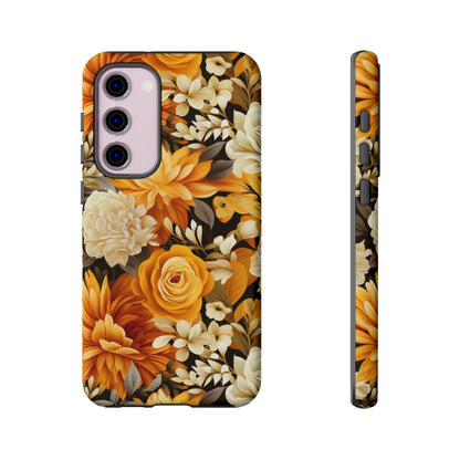 Autumnal Romance: Golden and White Blossoms on Black - Tough Phone Case