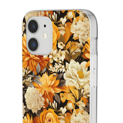 Autumnal Romance: Golden and White Blossoms on Black - Flexible Phone Case