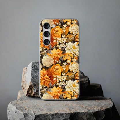 Autumnal Romance: Golden and White Blossoms on Black - Flexible Phone Case