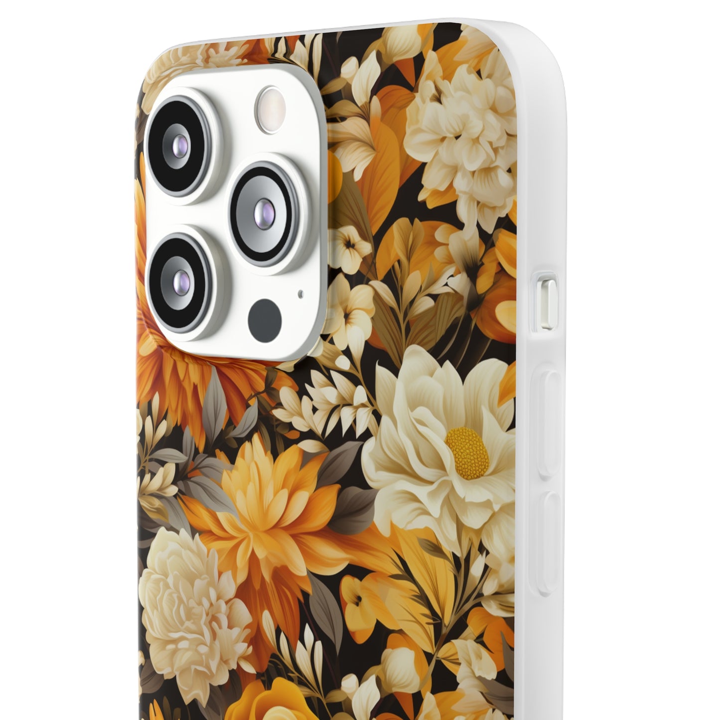 Autumnal Romance: Golden and White Blossoms on Black - Flexible Phone Case