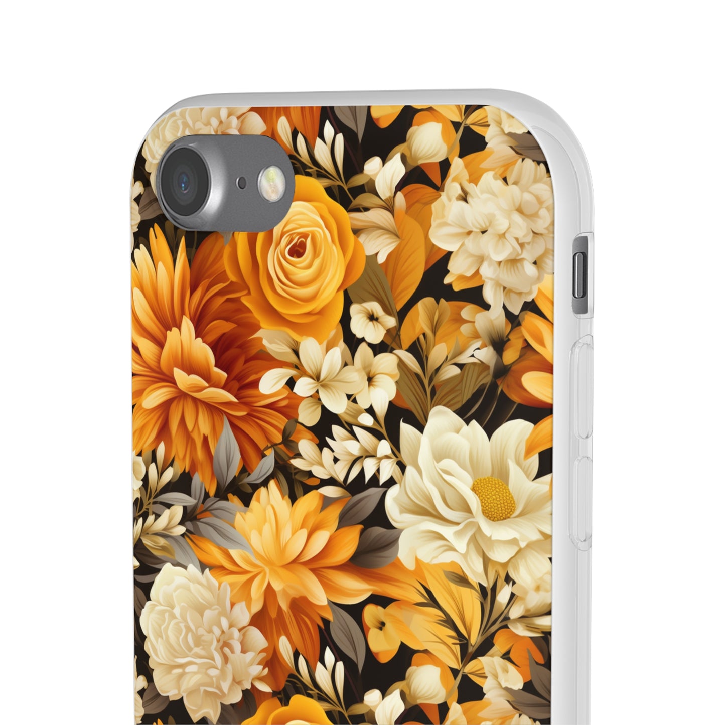 Autumnal Romance: Golden and White Blossoms on Black - Flexible Phone Case