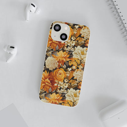 Autumnal Romance: Golden and White Blossoms on Black - Flexible Phone Case