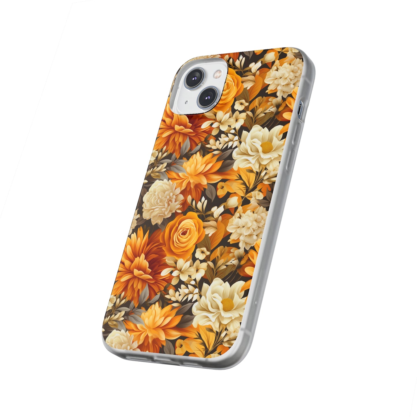 Autumnal Romance: Golden and White Blossoms on Black - Flexible Phone Case