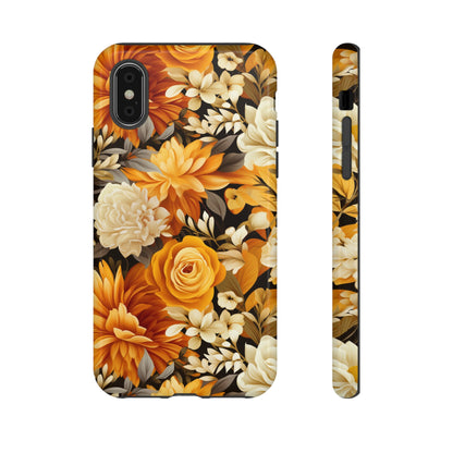 Autumnal Romance: Golden and White Blossoms on Black - Tough Phone Case