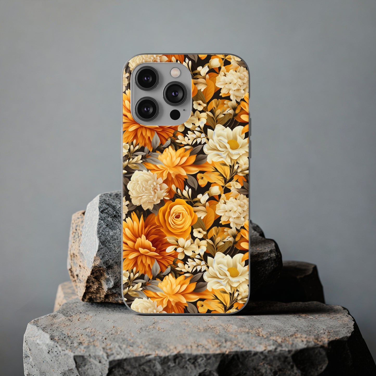 Autumnal Romance: Golden and White Blossoms on Black - Flexible Phone Case