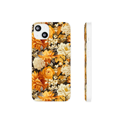 Autumnal Romance: Golden and White Blossoms on Black - Flexible Phone Case