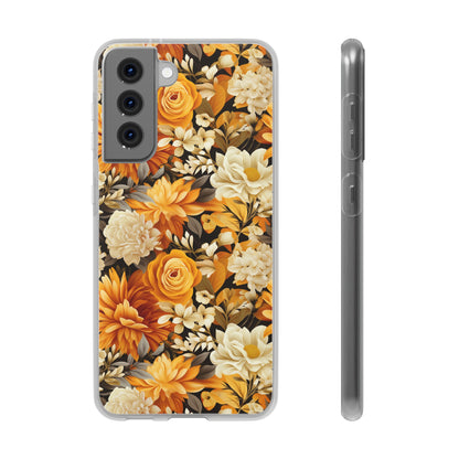 Autumnal Romance: Golden and White Blossoms on Black - Flexible Phone Case