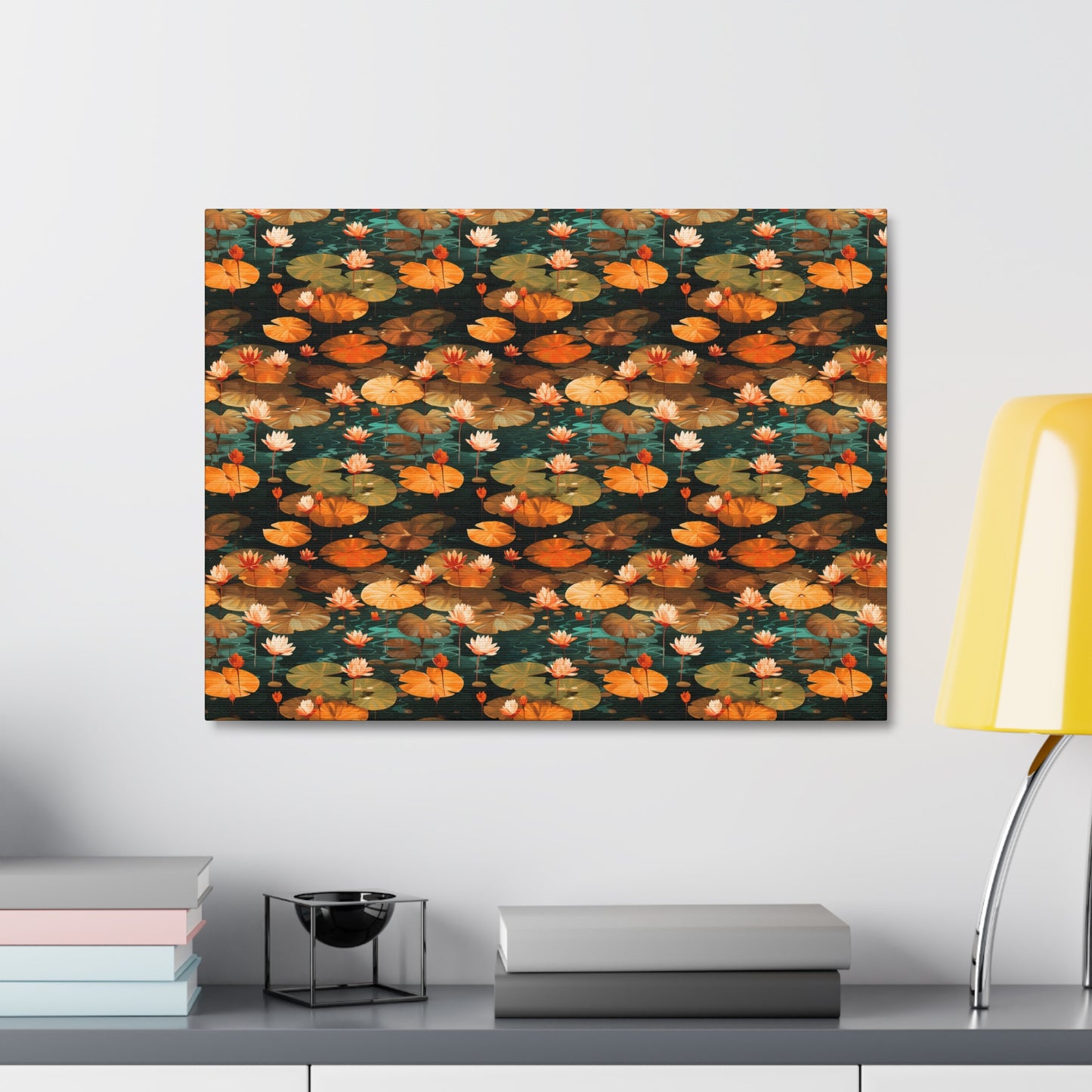 Orange Lotus Whisper: Autumn on the Water - Satin Canvas, Stretched