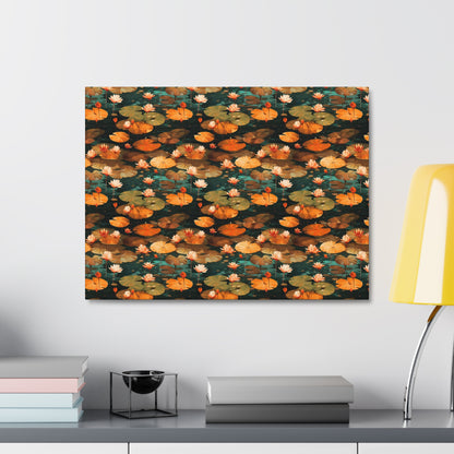 Orange Lotus Whisper: Autumn on the Water - Satin Canvas, Stretched