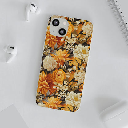 Autumnal Romance: Golden and White Blossoms on Black - Flexible Phone Case